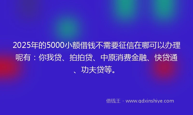 2025年的5000小额借钱不需要征信在哪可以办理呢有：你我贷、拍拍贷、中原消费金融、快贷通、功夫贷等。