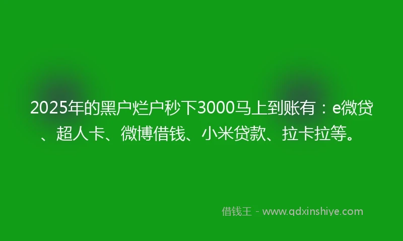 2025年的黑户烂户秒下3000马上到账有：e微贷、超人卡、微博借钱、小米贷款、拉卡拉等。