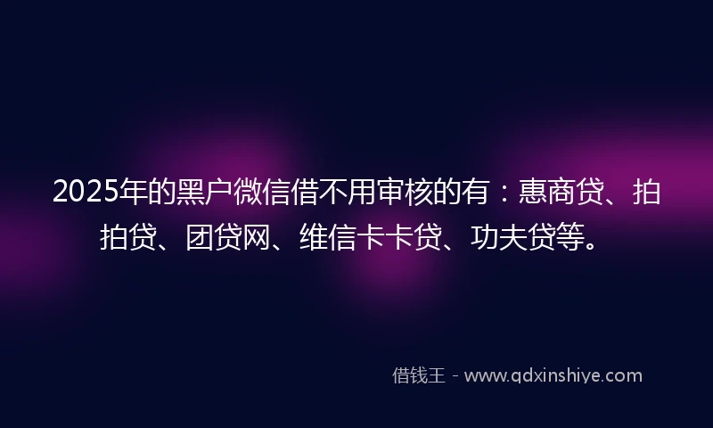 2025年的黑户微信借不用审核的有：惠商贷、拍拍贷、团贷网、维信卡卡贷、功夫贷等。