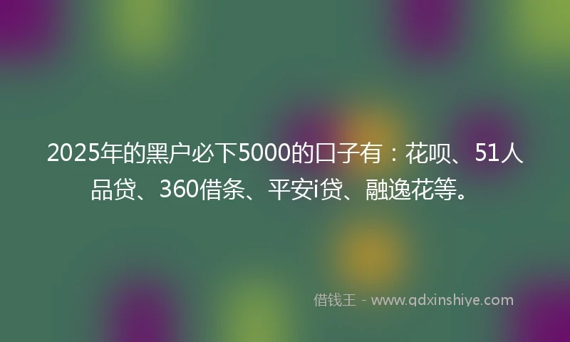 2025年的黑户必下5000的口子有：花呗、51人品贷、360借条、平安i贷、融逸花等。