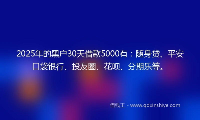2025年的黑户30天借款5000有：随身贷、平安口袋银行、投友圈、花呗、分期乐等。