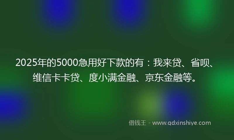 2025年的5000急用好下款的有：我来贷、省呗、维信卡卡贷、度小满金融、京东金融等。
