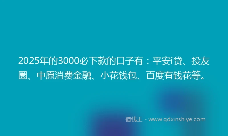 2025年的3000必下款的口子有：平安i贷、投友圈、中原消费金融、小花钱包、百度有钱花等。