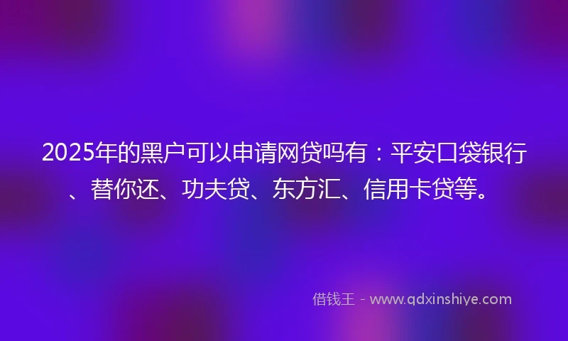 2025年的黑户可以申请网贷吗有：平安口袋银行、替你还、功夫贷、东方汇、信用卡贷等。