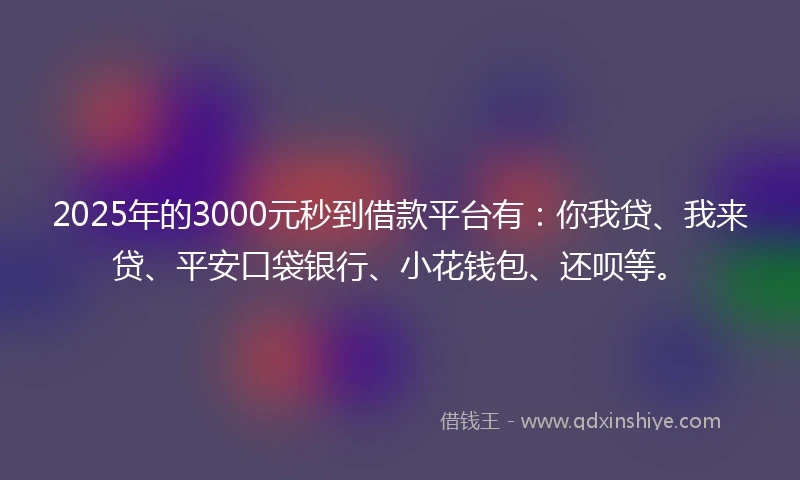 2025年的3000元秒到借款平台有：你我贷、我来贷、平安口袋银行、小花钱包、还呗等。