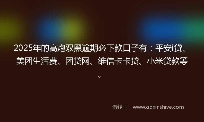 2025年的高炮双黑逾期必下款口子有：平安i贷、美团生活费、团贷网、维信卡卡贷、小米贷款等。