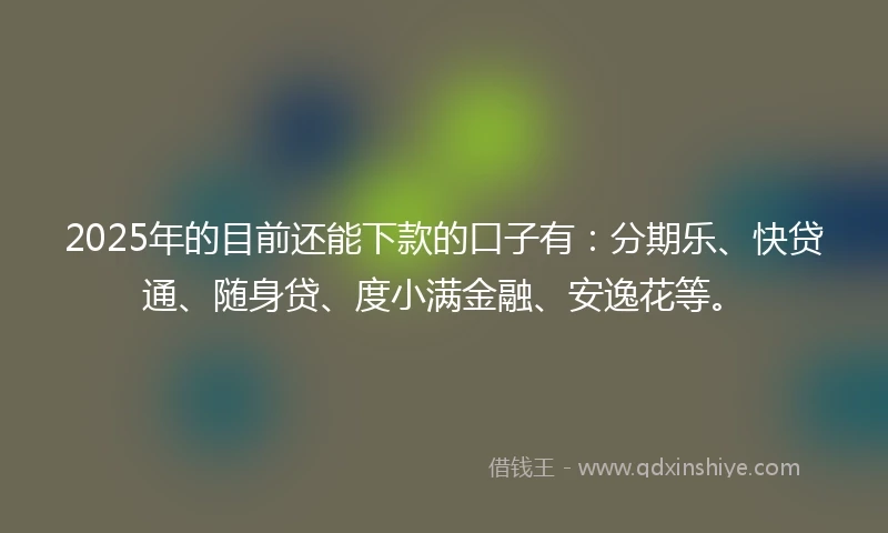 2025年的目前还能下款的口子有：分期乐、快贷通、随身贷、度小满金融、安逸花等。