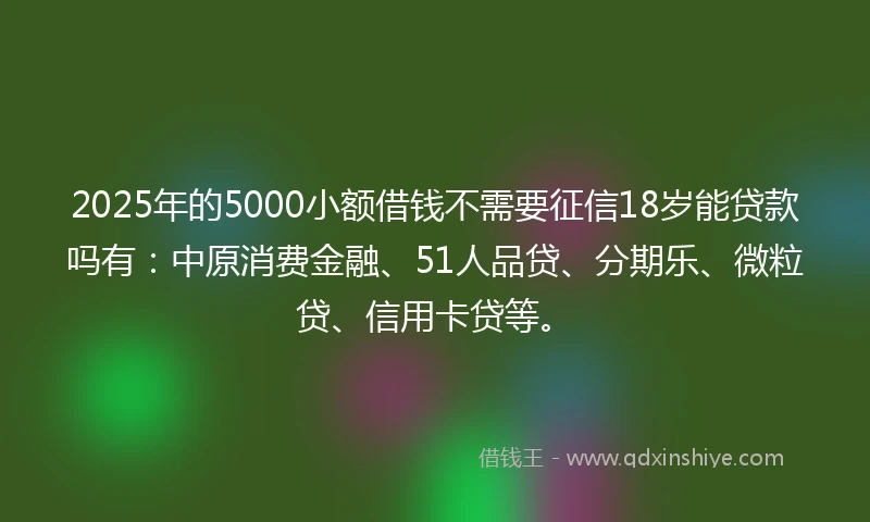 2025年的5000小额借钱不需要征信18岁能贷款吗有：中原消费金融、51人品贷、分期乐、微粒贷、信用卡贷等。