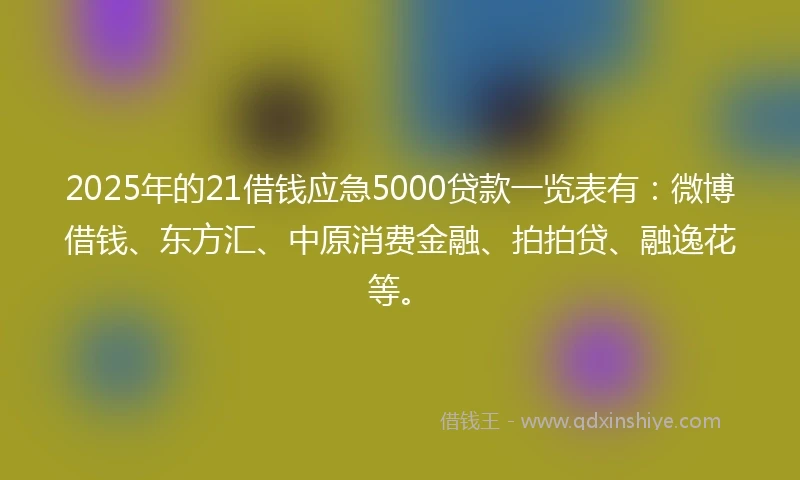 2025年的21借钱应急5000贷款一览表有：微博借钱、东方汇、中原消费金融、拍拍贷、融逸花等。