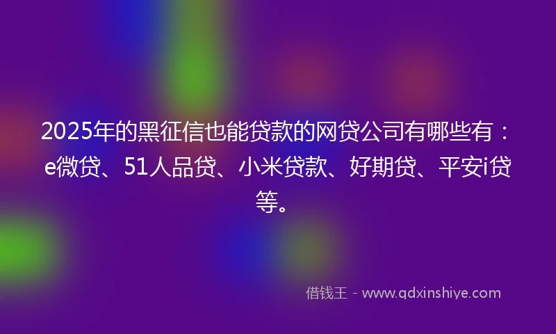2025年的黑征信也能贷款的网贷公司有哪些有：e微贷、51人品贷、小米贷款、好期贷、平安i贷等。
