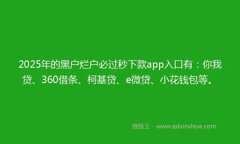 2025年的黑户烂户必过秒下款app入口有：你我贷、360借条、柯基贷、e微贷、小花钱包等。