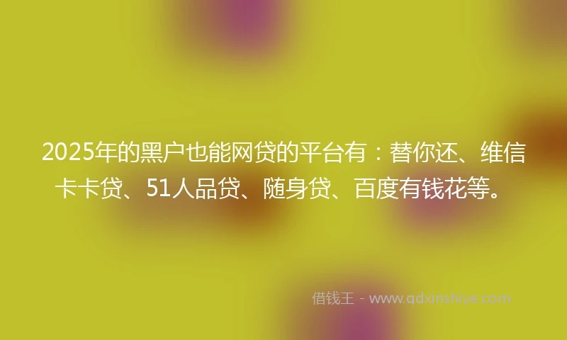 2025年的黑户也能网贷的平台有：替你还、维信卡卡贷、51人品贷、随身贷、百度有钱花等。