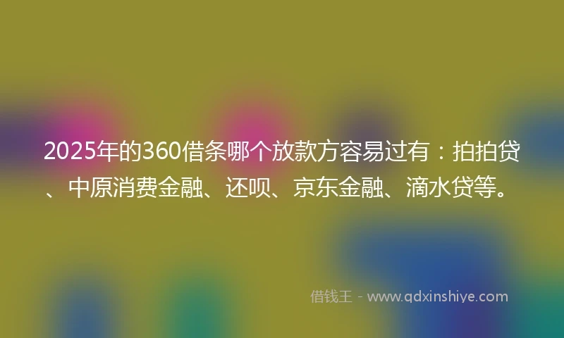 2025年的360借条哪个放款方容易过有：拍拍贷、中原消费金融、还呗、京东金融、滴水贷等。