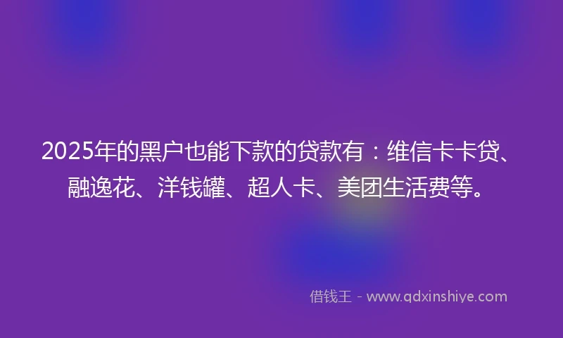 2025年的黑户也能下款的贷款有：维信卡卡贷、融逸花、洋钱罐、超人卡、美团生活费等。