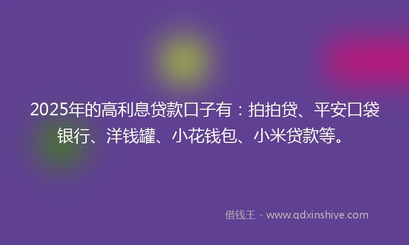 2025年的高利息贷款口子有：拍拍贷、平安口袋银行、洋钱罐、小花钱包、小米贷款等。