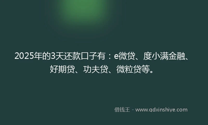 2025年的3天还款口子有：e微贷、度小满金融、好期贷、功夫贷、微粒贷等。