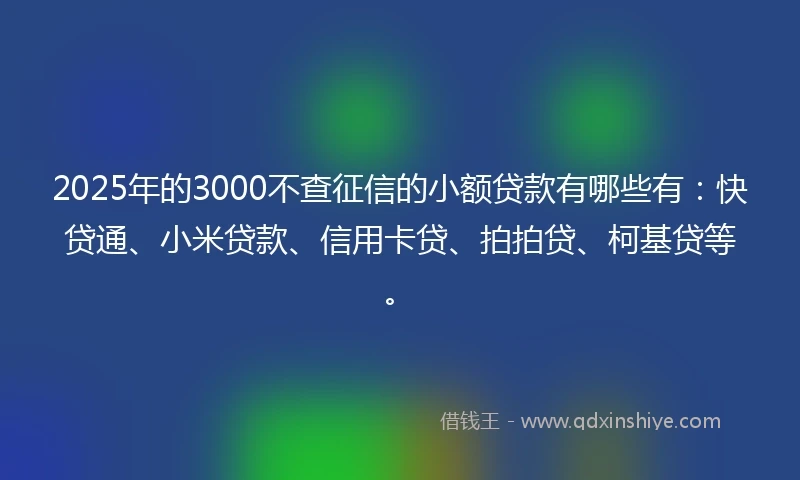 2025年的3000不查征信的小额贷款有哪些有：快贷通、小米贷款、信用卡贷、拍拍贷、柯基贷等。