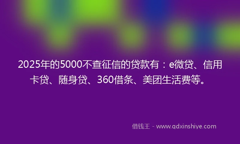 2025年的5000不查征信的贷款有：e微贷、信用卡贷、随身贷、360借条、美团生活费等。