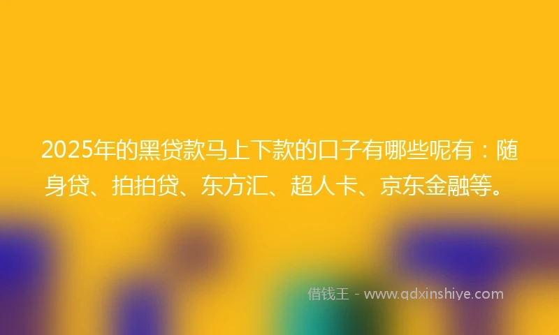 2025年的黑贷款马上下款的口子有哪些呢有：随身贷、拍拍贷、东方汇、超人卡、京东金融等。