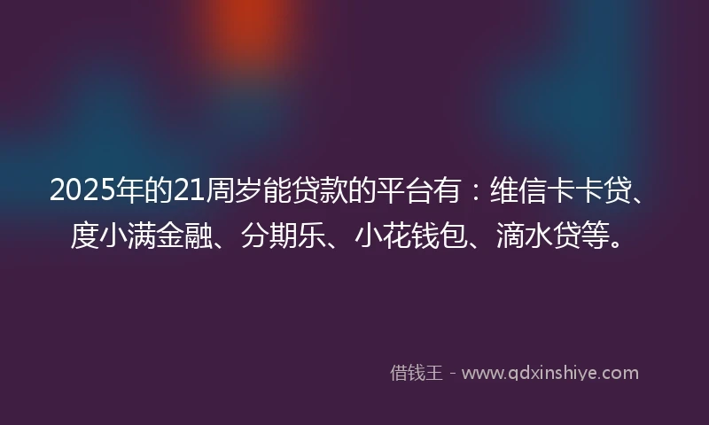 2025年的21周岁能贷款的平台有：维信卡卡贷、度小满金融、分期乐、小花钱包、滴水贷等。