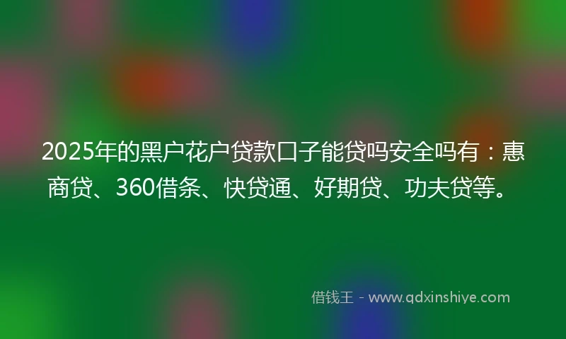 2025年的黑户花户贷款口子能贷吗安全吗有：惠商贷、360借条、快贷通、好期贷、功夫贷等。