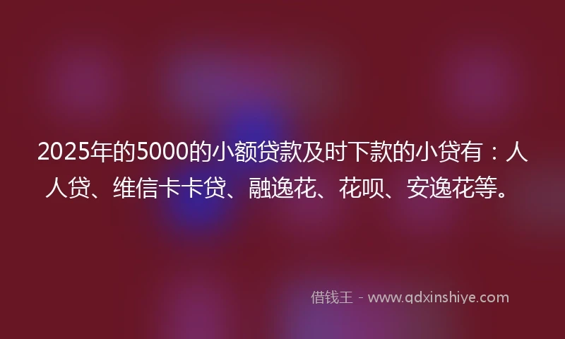 2025年的5000的小额贷款及时下款的小贷有：人人贷、维信卡卡贷、融逸花、花呗、安逸花等。