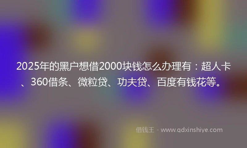 2025年的黑户想借2000块钱怎么办理有：超人卡、360借条、微粒贷、功夫贷、百度有钱花等。