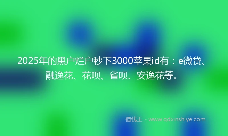 2025年的黑户烂户秒下3000苹果id有：e微贷、融逸花、花呗、省呗、安逸花等。