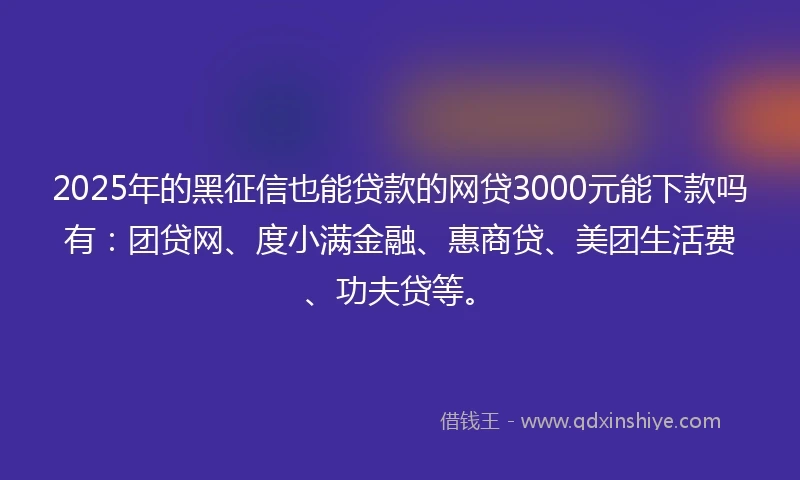2025年的黑征信也能贷款的网贷3000元能下款吗有：团贷网、度小满金融、惠商贷、美团生活费、功夫贷等。