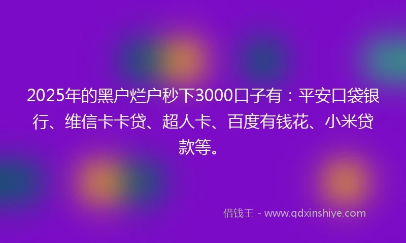 2025年的黑户烂户秒下3000口子有：平安口袋银行、维信卡卡贷、超人卡、百度有钱花、小米贷款等。