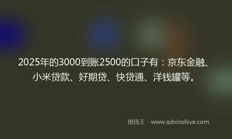 2025年的3000到账2500的口子有：京东金融、小米贷款、好期贷、快贷通、洋钱罐等。