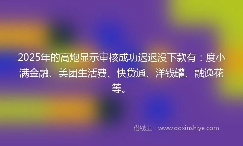 2025年的高炮显示审核成功迟迟没下款有：度小满金融、美团生活费、快贷通、洋钱罐、融逸花等。