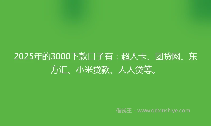 2025年的3000下款口子有：超人卡、团贷网、东方汇、小米贷款、人人贷等。