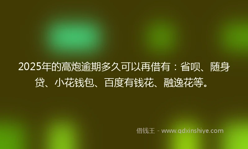 2025年的高炮逾期多久可以再借有：省呗、随身贷、小花钱包、百度有钱花、融逸花等。