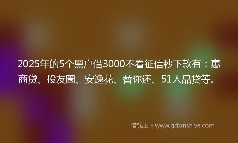 2025年的5个黑户借3000不看征信秒下款有：惠商贷、投友圈、安逸花、替你还、51人品贷等。