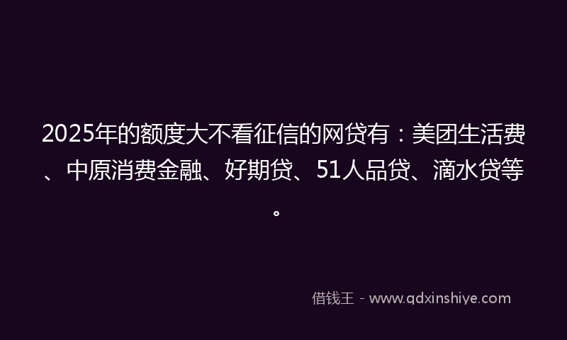 2025年的额度大不看征信的网贷有：美团生活费、中原消费金融、好期贷、51人品贷、滴水贷等。
