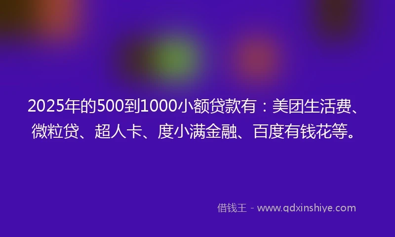 2025年的500到1000小额贷款有：美团生活费、微粒贷、超人卡、度小满金融、百度有钱花等。