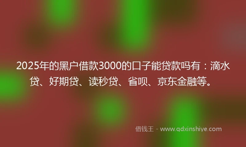 2025年的黑户借款3000的口子能贷款吗有：滴水贷、好期贷、读秒贷、省呗、京东金融等。