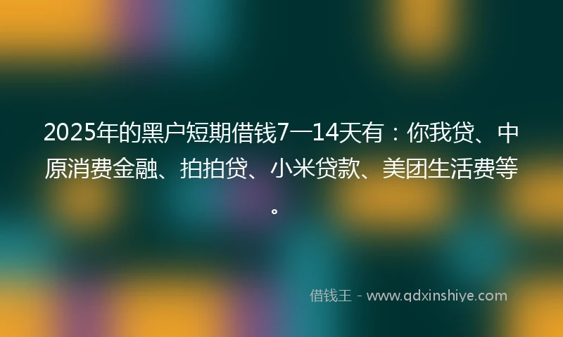 2025年的黑户短期借钱7一14天有：你我贷、中原消费金融、拍拍贷、小米贷款、美团生活费等。