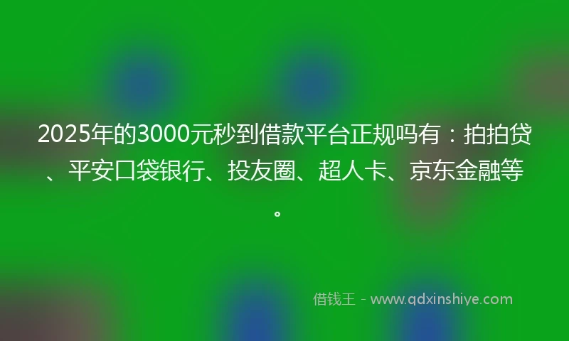2025年的3000元秒到借款平台正规吗有：拍拍贷、平安口袋银行、投友圈、超人卡、京东金融等。