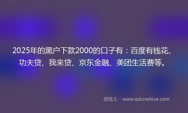 2025年的黑户下款2000的口子有：百度有钱花、功夫贷、我来贷、京东金融、美团生活费等。