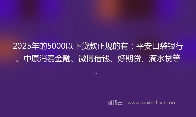 2025年的5000以下贷款正规的有：平安口袋银行、中原消费金融、微博借钱、好期贷、滴水贷等。