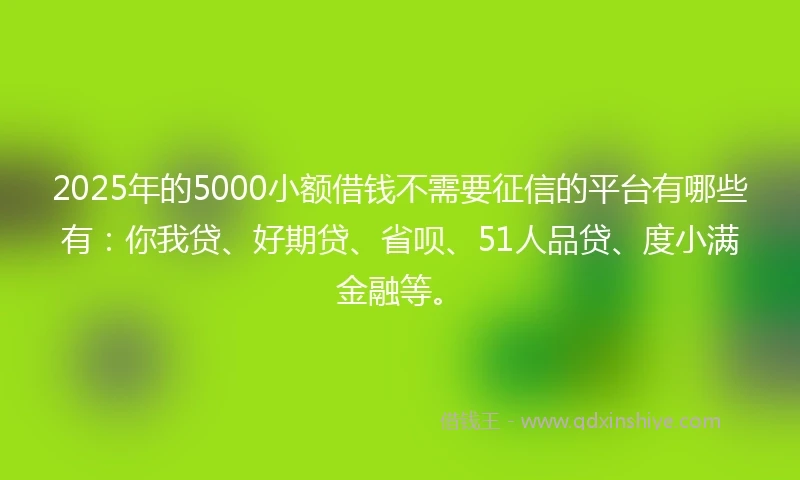 2025年的5000小额借钱不需要征信的平台有哪些有：你我贷、好期贷、省呗、51人品贷、度小满金融等。