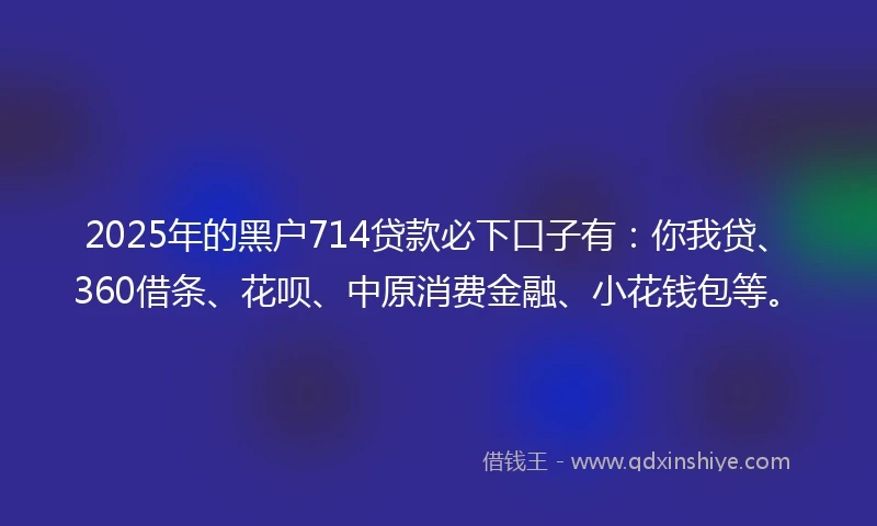 2025年的黑户714贷款必下口子有：你我贷、360借条、花呗、中原消费金融、小花钱包等。