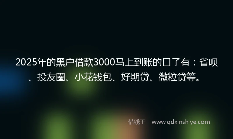 2025年的黑户借款3000马上到账的口子有：省呗、投友圈、小花钱包、好期贷、微粒贷等。