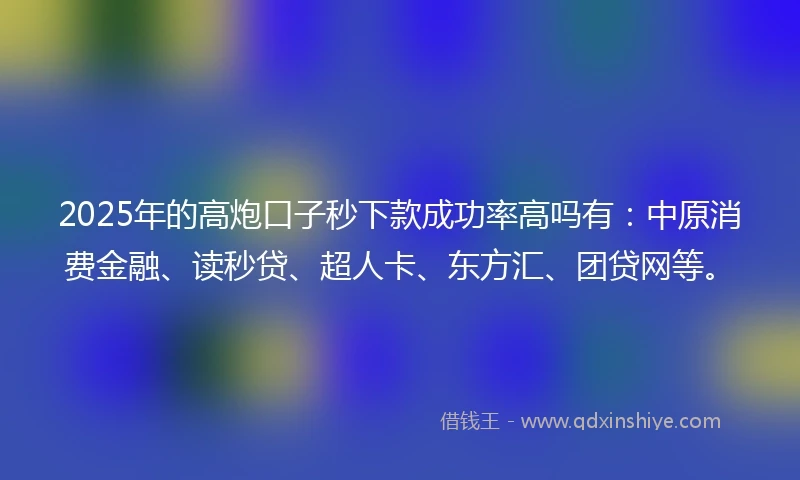 2025年的高炮口子秒下款成功率高吗有：中原消费金融、读秒贷、超人卡、东方汇、团贷网等。