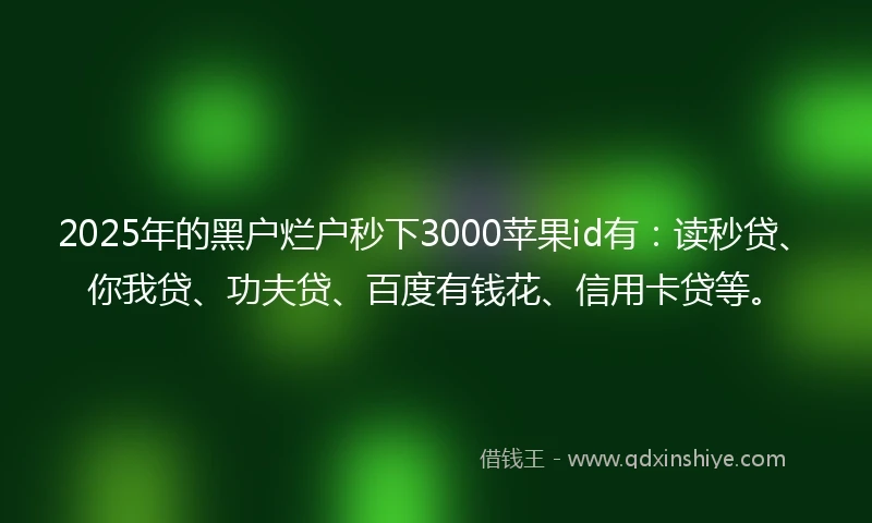 2025年的黑户烂户秒下3000苹果id有：读秒贷、你我贷、功夫贷、百度有钱花、信用卡贷等。