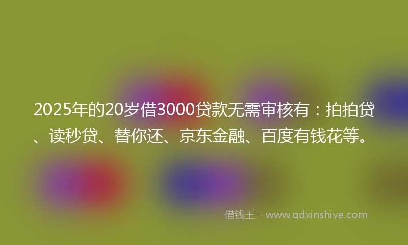 2025年的20岁借3000贷款无需审核有：拍拍贷、读秒贷、替你还、京东金融、百度有钱花等。