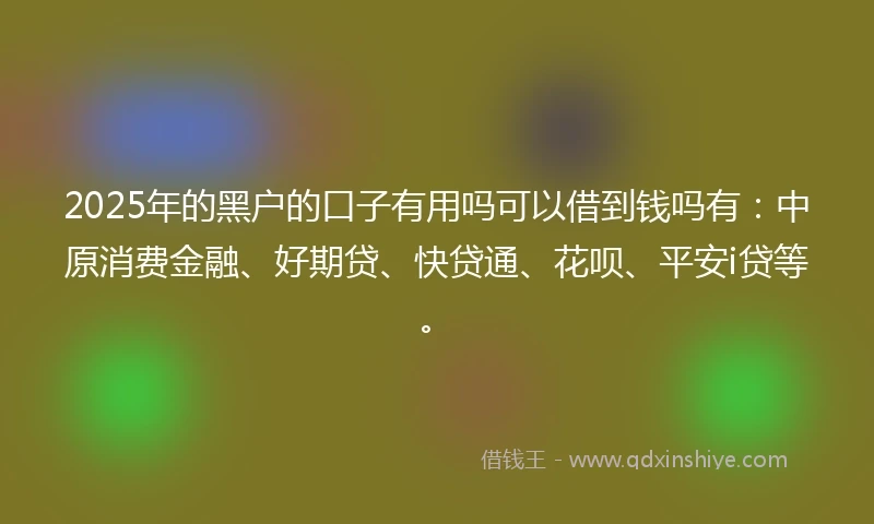 2025年的黑户的口子有用吗可以借到钱吗有：中原消费金融、好期贷、快贷通、花呗、平安i贷等。