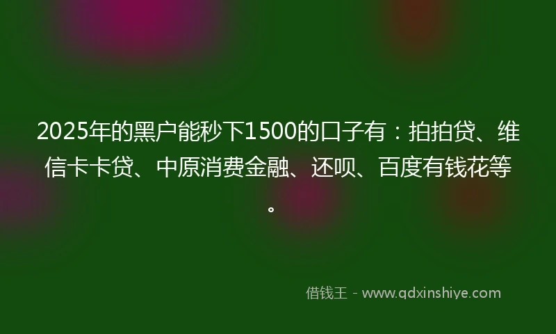 2025年的黑户能秒下1500的口子有：拍拍贷、维信卡卡贷、中原消费金融、还呗、百度有钱花等。
